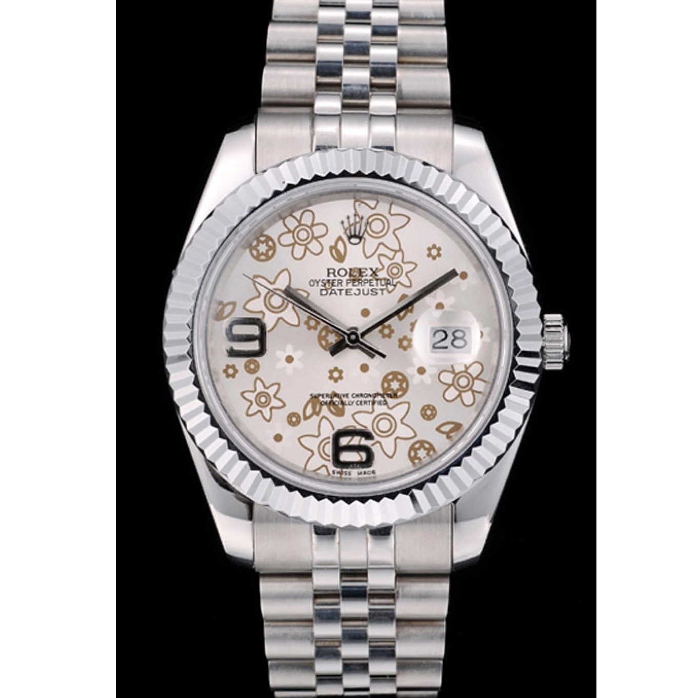 Rolex aaa copy 42001 Steel Dial Ribbed Stainless Rolex Swiss Flower Bezel Silver DateJust 0728